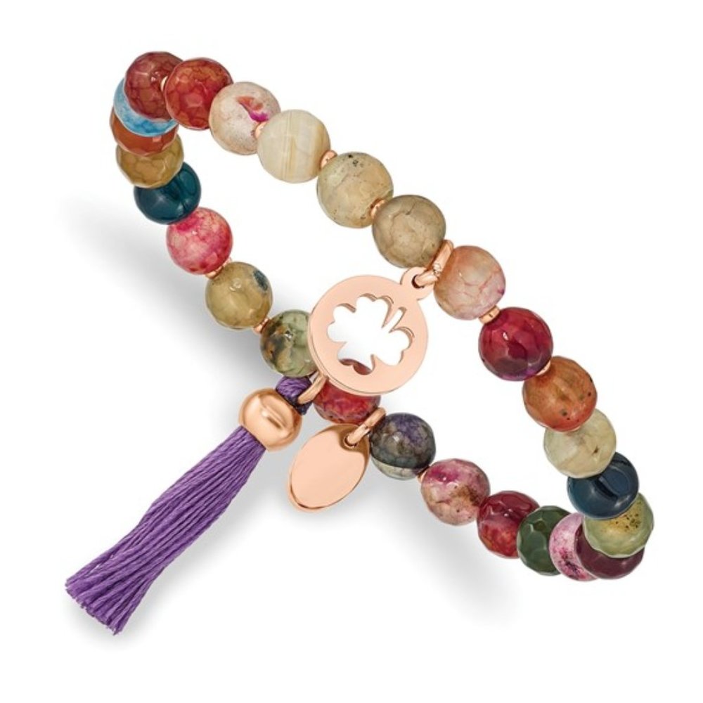 Multi Color Agate Beaded Stretch Bracelet with Tassel and Rose IP Plated Charms